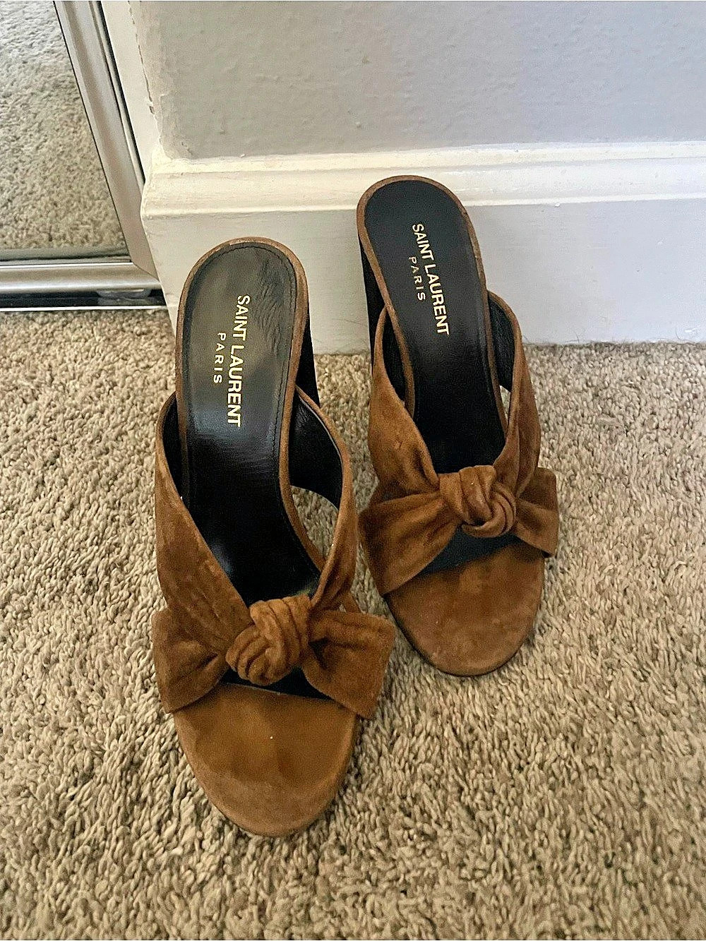 Saint Laurent Jodie Suede Knot Mules Brown Heels